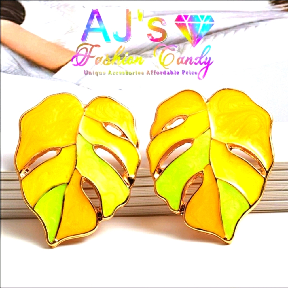 Yellow Swirl Leaf Statement Earrings